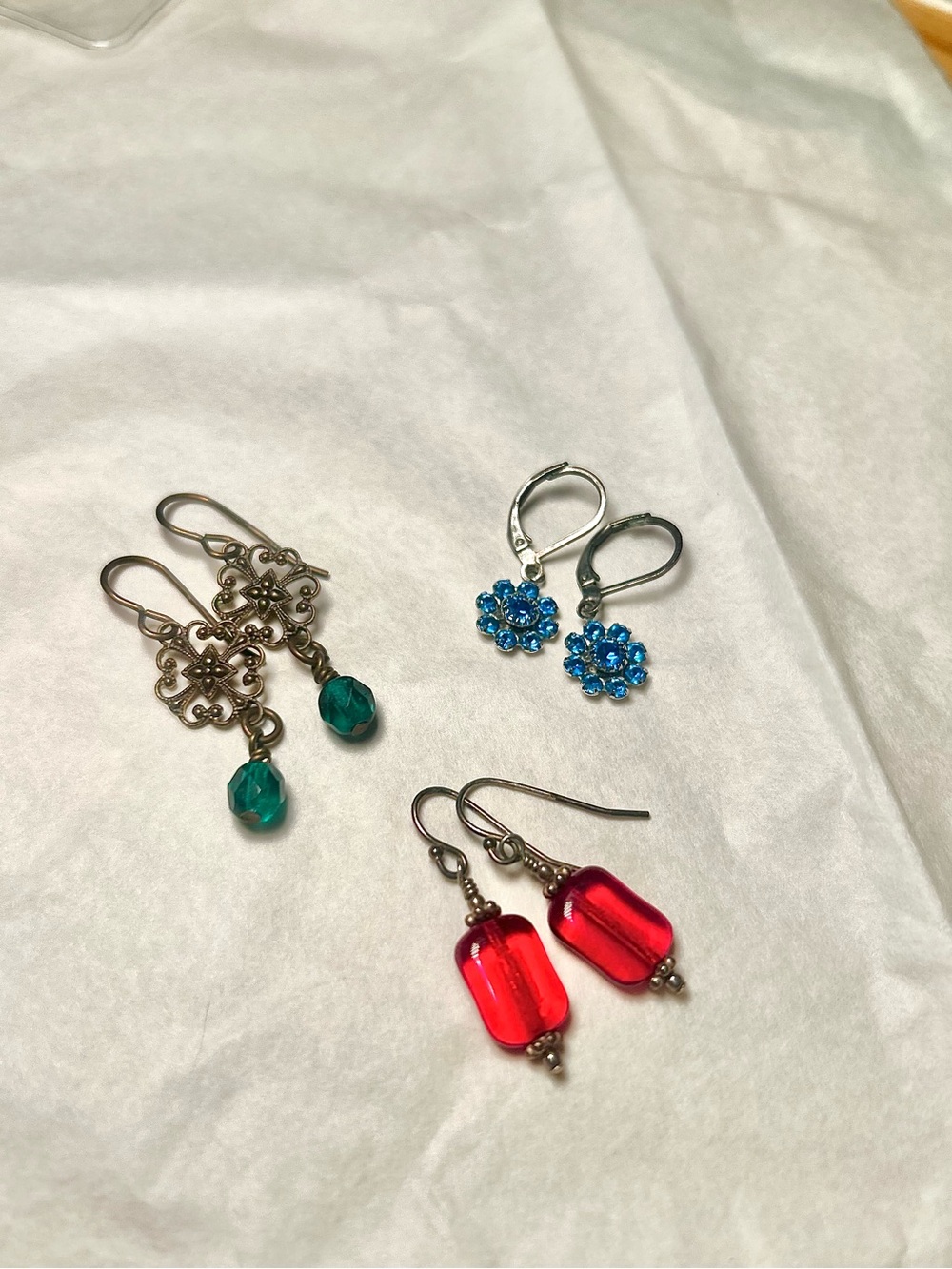 Dangle Earring Set in Silver, Blue, Green and Red - Vintage Jewelry Bundle